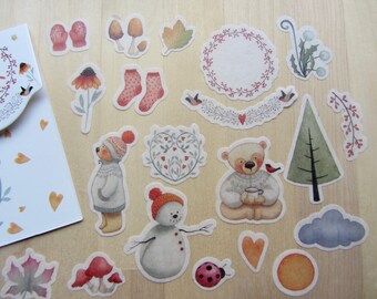 40 Winter Woodland Stickers, Whimsical Forest Planner Journal Stickers, Bear Snowman Deco Seals, Illustrated Washi Sticker Flakes