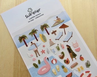 May include: A sheet of Suatelier stickers featuring a midsummer theme. The stickers include illustrations of palm trees, surfboards, beach chairs, a flamingo float, and people surfing. The color palette includes blues, greens, and pinks.