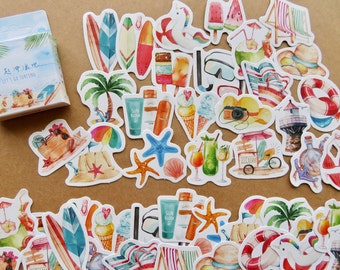 46 Summer Beach Vacation Watercolor Stickers, Surf Surfing Ocean Journal Planner Scrapbook Stickers, Summer Travel Theme