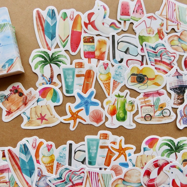 46 Summer Beach Vacation Watercolor Stickers, Surf Surfing Ocean Journal Planner Scrapbook Stickers, Summer Travel Theme