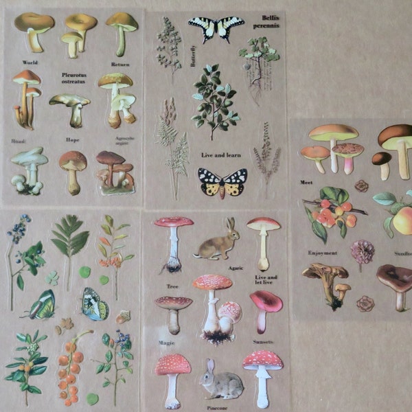 SET Mushroom Fungi & Plant Stickers, Woodland Stickers, Leaves Planner Journal Diary Stickers, Realistic Scrapbooking Stickers