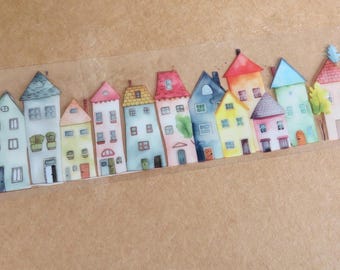 Ruban adhésif en Washi pour maisons en rangée de couleur, village de quartier illustré, Washi pour animaux de compagnie 45 mm de large, cadeau de papeterie de maisons en rangée