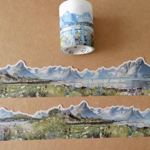Mountain Washi Tape, Illustrated Scene Wide 50 mm Shaped Edge Washi, Wildflower Mountain Packaging Masking Tape