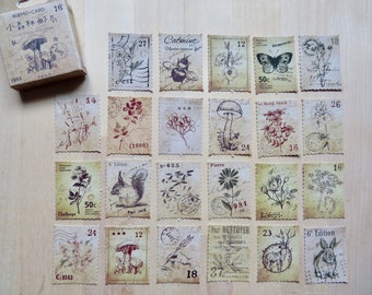 Stamp Stickers, 46 Botanical Woodland Flower Leaf Stickers, Nature Botany Stickers, Mushroom Butterfly Planner Journal Retro Stickers