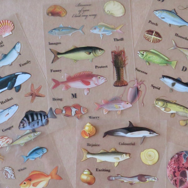 Fish Dolphin Ocean Stickers, Marine Theme Planner Journal Stickers, Sea Animal Coral Reef & Shell Stationery