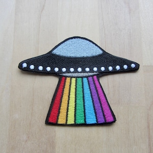 Rainbow UFO Iron On Patch, Celestial Alien Spaceship Embroidered Applique Patch, Space Theme Clothing Patch, LGBTQ Rainbow UFO Patch