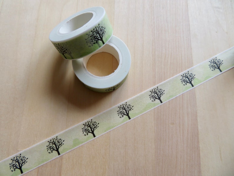 Tree Washi Tape, Decorative Woodland Paper Adhesive Journal Tape, Green Forest Plant Nature Planner Tape, Illustrated Tree Masking Tape image 2