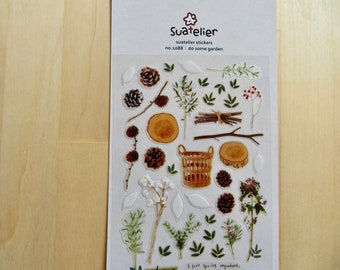 Garden Flower Twig Pinecone Stickers, Botanical Floral Stickers, Suatelier No. 1088, Gardener Planner Journal Diary Stickers