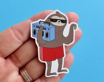 Sloth 1980's Boombox Retro Sticker, Vinyl Sloth Journal Laptop Sticker, Funny Sloth Lover Gift, Die Cut Sloth Book Sticker, Sloth Stationery