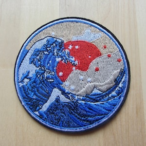 Japanese Wave Sunset Iron On Patch, Embroidered Applique Ocean Patch, Japanese Art Badge, Ocean Sea Lover Gift, Water and Sun Surf Patch