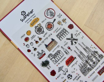 Spain Europe Stickers, Travel Doodle Stickers, Spain Planner Scrapbooking Stickers, Suatelier 1067 Hola, Spain Theme Landmark Stickers