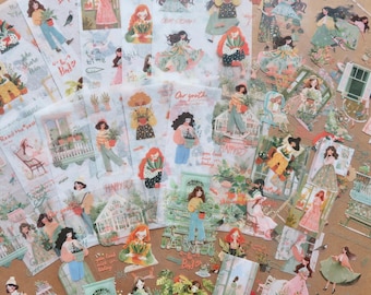 Stickers jardin fille et fleurs printanières, lot de 24 mini feuilles d'autocollants en vélin et PVC, autocollants nature botanique