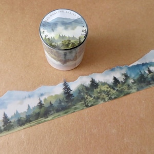 Mountain PVC Washi Tape, Illustrated Scene Wide 45 mm Shaped Edge Washi, Mountain Forest Packaging Masking Tape