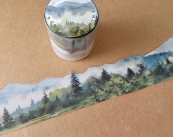 Mountain PVC Washi Tape, Illustrated Scene Wide 45 mm Shaped Edge Washi, Mountain Forest Packaging Masking Tape