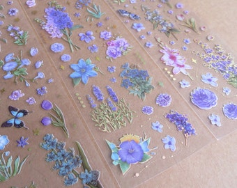 Lilac Purple Flower & Butterfly Sticker Set, Journal Diary Scrapbook Wildflower Gold Foil Sticker Sheets, Garden Lover Stationery Stickers