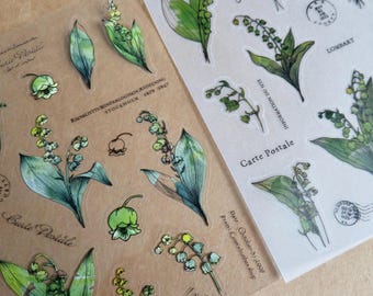 Feuille d'autocollants de plantes réalistes de muguet, autocollants de journal de planificateur boisé jardin nature, papeterie botanique fleurs