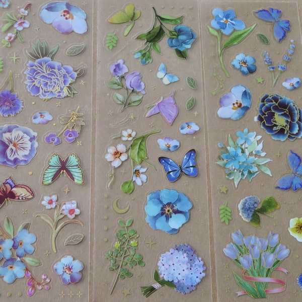 Blue Flower & Butterfly Sticker Set, Journal Diary Scrapbook Wildflower Gold Foil Sticker Sheets, Garden Lover Stationery Stickers