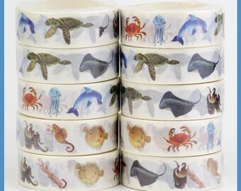 Ocean Marine Animal Washi Tape, Journal Planner Scrapbook Tape, Reef Sea Washi Tape, Turtle Ray Crab Octopus Puffer Masking Tape