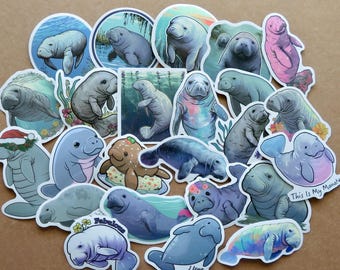 24 Manatee Animal Stickers Set, Aquatic Mammal Stickers, Funny Animal Scrapbooking Stickers, Florida Animal Manatee Lover Gift