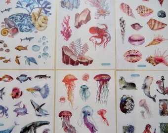 Ocean Stickers, Marine Theme Planner BUJO Journal Diary Jellyfish Fish Stickers, Sea Animal Coral Reef & Shell Stationery, Mermaid Stickers
