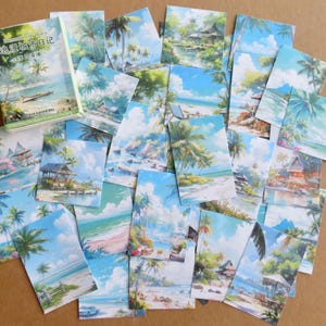 Tropical Travel Scenery Sticker Set, Ocean Beach Scene Stickers, Tropical Surf Vacation Holiday Stationery, Palm Tree Stickers