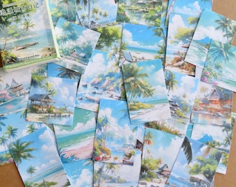 Tropical Travel Scenery Sticker Set, Ocean Beach Scene Stickers, Tropical Surf Vacation Holiday Stationery, Palm Tree Stickers