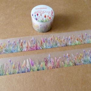 Flower Meadow Washi Glitter Tape, Illustrated Scene Wide 30 mm Matte PET Tape, Wildflower Field Packaging Masking Tape
