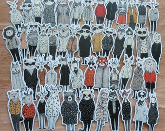 50 Quirky Animal Stickers, Illustrated Animals in Outfits Stickers, Funny Whimsical Animal Lover Sticker Set