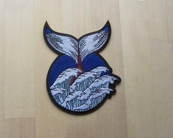 Whale Ocean Iron On Patch, Marine Conservation Badge, Embroidered Applique Breaching Whale Tail Patch, Scuba Environmental Art Patch