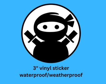 May include: A black ninja graphic inside a white circle, set against a light blue background. The ninja has two swords and is wearing a mask. Text below reads "3" vinyl sticker waterproof/weatherproof."