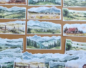Aquarell Berglandschaft Aufkleber, Land Feld Natur Szene Aufkleber, Scheune Bauernhof Liebhaber Briefpapier