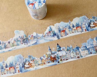 Winter Village Washi Tape, Illustrated Snow Scene Town Wide 45 mm PET  Washi, Winter Season Packaging Masking Tape