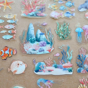 20 Ocean Reef Animal Stickers, Coral Turtle Fish PVC Stickers, Ocean Scuba Snorkeling Stationery