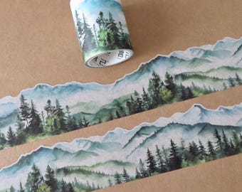 Mountain Washi Tape, Illustrated Scene Wide 50 mm Shaped Edge Washi, Mountain Forest Packaging Masking Tape