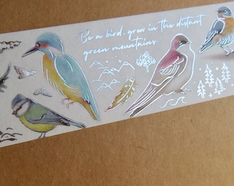 Silver Foil Bird Washi Tape, Songbird Journal Planner Scrapbooking Washi Tape, Poetry Word Masking Tape