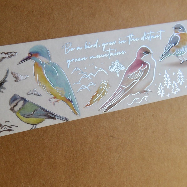 Silver Foil Bird Washi Tape, Songbird Journal Planner Scrapbooking Washi Tape, Poetry Word Masking Tape