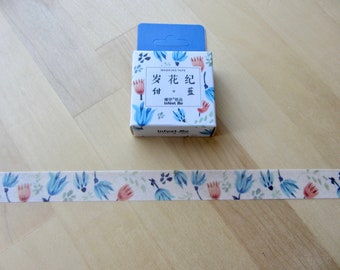 Spring Blue & Coral Flowers Washi Tape, Floral Masking Tape, Botanical Nature Washi Tape, Garden Flower Journal Planner Tape