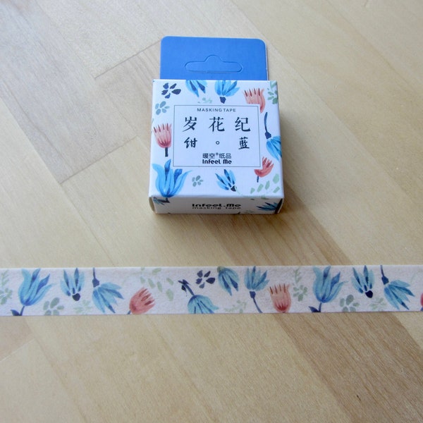 Spring Blue & Coral Flowers Washi Tape,  Floral Masking Tape, Botanical Nature Washi Tape, Garden Flower Journal Planner Tape