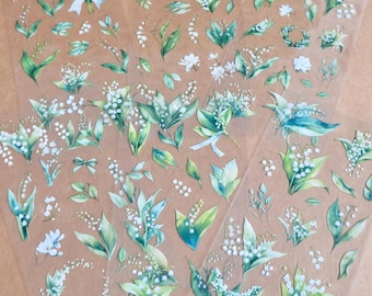 Feuille d'autocollants de plantes réalistes de muguet, autocollants de journal de planificateur boisé jardin nature, papeterie botanique fleurs