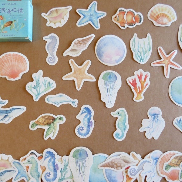 46 Ocean Reef Marine Life Watercolor Stickers, Seahorse Starfish Journal Planner Scrapbook Stickers, Whale Turtle Lover Gift