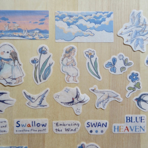 Bird & Girl Whimsical Stickers, Vellum Fairy Tale Journal Planner Scrapbooking Stickers, Blue Flower Swallow Swan Stationery Stickers