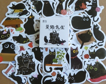 46 Kawaii Black Cat Stickers, Cartoon Kitty Cat Feline Stickers, Funny Kitten Stickers, Black Cat Lover Gift