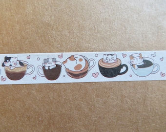 Cats in Cups Washi Tape, Decorative Tea Coffee Paper Adhesive Tape, Kawaii Food Washi, Coffee Tea Stationery, Kawaii Cat Mug Washi