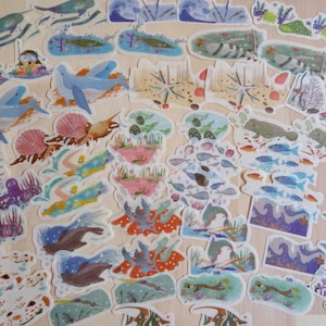 60 Ocean Theme Stickers, Vellum Planner Journal Diary Reef Fish Stickers, Sea Animal Scuba Snorkeling Watercolor Stationery