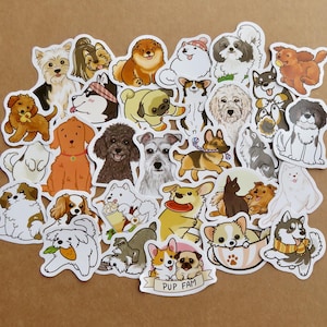 May include: A collection of colorful dog stickers in various breeds and poses. The stickers feature cartoon illustrations of dogs, including a husky, pug, and corgi. Some stickers have text that reads "PUP FAM".