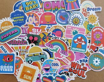 50 Retro Pop Culture Stickers, Kawaii Word Phrase Stickers, Planner Journal Scrapbook Stickers, 1970s 1980s 1990s Nostalgic Theme