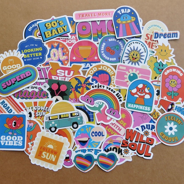 50 Retro Pop Culture Stickers, Kawaii Word Phrase Stickers, Planner Journal Scrapbook Stickers, 1970s 1980s 1990s Nostalgic Theme