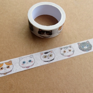 Cat Face Washi Tape, Illustrated Cartoon Cat Emoji Paper Adhesive Tape, Kitty Packaging Masking Tape, Kawaii Funny Cat Lover Stationery Gift