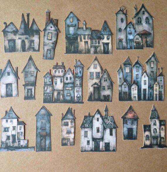 Haunted House Cottage Stickers, Rigid Paper Card Stock Dimensional Stickers, Whimsical Illustrated Village Stationery