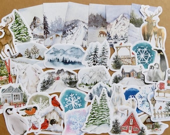 36 Winter Snow Scenery Stickers, Snowy Landscape Art Planner Journal Scrapbooking Stickers, Winter Season Stationery